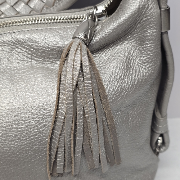 Elliot Lucca Silver Metallic Genuine Pebbled Leather Hobo Bag Woven Strap Boho - Picture 3 of 14